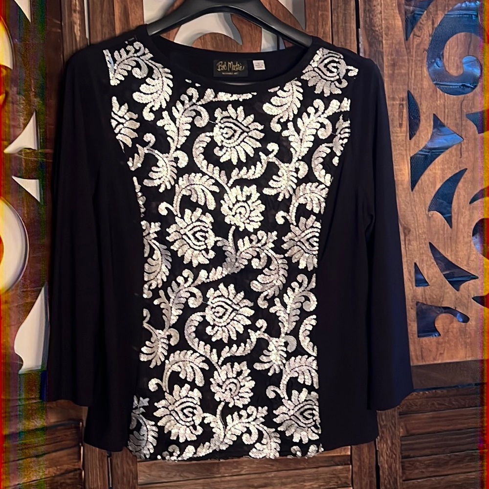 EUC Large Bob Mackie black with silver sequin design on lace insert